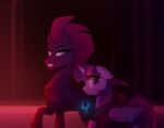 armor bad_end bad_ending black_eyeliner blue_eyes bodily_fluids broken_horn dark_theme duo equid equine eyeliner female friendship_is_magic frown fur hair hasbro headgear horn hybrid makeup mammal my_little_pony my_little_pony:_the_movie_(2017) mythological_creature mythological_equine mythology purple_body purple_eyes purple_fur purple_hair purple_tail sad smile tail tears tempest_shadow_(mlp) thewandie twilight_sparkle_(mlp) unicorn