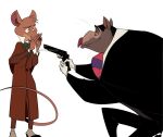 anthro basil_(disney) clothed clothing disney duo eye_contact fluffy gun holding_object holding_weapon kneeling looking_at_another male male/male mammal mouse murid murine on_one_knee professor_padraic_ratigan_(disney) proposal ranged_weapon rat rodent signature simple_background standing the_great_mouse_detective twitchydoodle weapon white_background