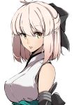  1girl absurdres ahoge bangs bare_shoulders black_bow bow breasts eyebrows_visible_through_hair fate/grand_order fate_(series) gradient_hair hair_between_eyes hair_bow highres japanese_clothes koha-ace large_breasts lips looking_to_the_side medium_hair multicolored_hair okita_souji_(fate) okita_souji_(koha/ace) pakotaroh parted_lips pink_hair pink_lips platinum_blonde_hair simple_background sleeveless solo two-tone_hair upper_body white_background yellow_eyes 