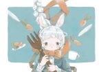  1girl animal_ear_fluff animal_ears aqua_background border braid carrot chomi_(xchomio) cup english_commentary floating_hair fork grey_jacket highres holding holding_fork jacket long_hair long_sleeves looking_at_viewer neck_ribbon orange_ribbon original outside_border oversized_object parted_lips rabbit_ears rabbit_girl ribbon saucer solo straight-on teacup upper_body white_border white_hair 