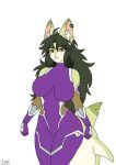 anchovy_(cursedanchovy) anthro big_breasts breasts canid canine canis cosplay ear_piercing female fish green_body green_ears hi_res hybrid mammal marine piercing shark tail taimanin_(series) unknown_artist wolf