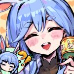  !? 2girls animal_ear_fluff animal_ears blue_hair blush closed_eyes holding holding_rattle hololive mature_female mother_and_daughter multicolored_hair multiple_girls open_mouth pekomama phantom_ix_row rabbit_ears rabbit_girl rattle short_eyebrows streaked_hair teeth upper_teeth_only usada_pekora virtual_youtuber white_hair 