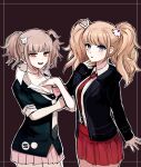  2girls :o black_necktie black_shirt blonde_hair blue_eyes bow breasts brown_skirt carnival_(drmvcarnival) cosplay cowboy_shot danganronpa:_trigger_happy_havoc danganronpa_(series) danganronpa_2:_goodbye_despair dress_shirt enoshima_junko enoshima_junko_(cosplay) galaga hair_ornament hand_up hands_up highres jacket large_breasts miniskirt multiple_girls nanami_chiaki nanami_chiaki_(cosplay) necktie open_clothes open_jacket pink_bow pleated_skirt red_background red_necktie red_skirt shirt shirt_tucked_in skirt smile twintails white_necktie white_shirt 