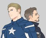  2boys animification avengers:_endgame avengers_(series) back-to-back black_jacket blonde_hair blue_bodysuit blue_eyes bodysuit brown_eyes captain_america closed_mouth collared_jacket commentary_request facial_hair grey_background grey_hair jacket long_sleeves looking_at_another looking_at_viewer male_focus marvel marvel_cinematic_universe multiple_boys short_hair simple_background standing star_(symbol) steve_rogers superhero_costume tony_stark upper_body v-shaped_eyebrows yukko93 