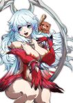  1girl :d artemis_(fate) bangs bare_shoulders bear bracelet breasts cleavage club_(weapon) detached_sleeves fate/grand_order fate_(series) floating_hair gloves hand_up jewelry large_breasts light_blue_eyes light_blue_hair long_hair long_sleeves necklace open_mouth orion_(bear)_(fate) pakotaroh red_gloves simple_background smile teeth weapon white_background 
