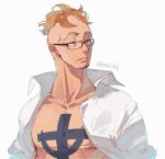  1boy anchor_tattoo beard_stubble blonde_hair collared_shirt cowboy_shot english_commentary facial_hair glasses male_focus marco_(one_piece) mo15271 one_piece open_clothes open_shirt shirt short_hair simple_background solo stubble tattoo twitter_username white_background white_shirt 