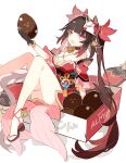  1girl bare_shoulders bell black_choker black_hair box butterfly-shaped_pupils choker cyenmi3 dress flower_tattoo food fox_mask gloves halterneck highres holding holding_food honkai:_star_rail honkai_(series) long_hair looking_at_viewer mask mask_on_head neck_bell open_mouth pink_eyes red_dress red_sleeves simple_background smile sparkle_(honkai:_star_rail) symbol-shaped_pupils tattoo twintails white_background 