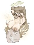  1girl akane_(blue_archive) armpits blonde_hair blue_archive breasts covered_navel glasses halo highres large_breasts leebo_(leeboxxx) long_hair long_sleeves sagging_breasts skirt sweat undressing yellow_halo 