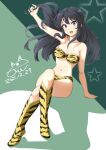  1girl absurdres animal_print artist_logo bikini black_hair boots commentary_request cosplay dated full_body green_background highres long_hair looking_at_viewer lum lum_(cosplay) oni_costume purple_eyes raiz_art_works sakurajima_mai seishun_buta_yarou solo starry_background strapless strapless_bikini swimsuit tiger_print tiger_stripes urusei_yatsura yellow_bikini 