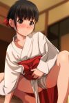  1girl absurdres bangs bare_legs barefoot black_hair blunt_bangs blurry blurry_background blush brown_hair closed_mouth eyebrows_visible_through_hair fundoshi hair_ribbon hakama hakama_skirt highres indoors japanese_clothes kimono looking_at_viewer matsunaga_kouyou miko original red_hakama ribbon short_hair skirt solo squatting thighs white_kimono wide_sleeves 