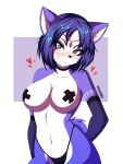 absurd_res anthro aquakey big_breasts blue_body blue_fur blue_hair blush bodily_fluids breasts canid canine clothed clothing digital_media_(artwork) female fox fur hair hi_res krystal_(star_fox) looking_at_viewer mammal nintendo nipples nude simple_background smile solo star_fox tail white_body white_fur