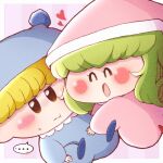  ... 1boy 1girl ^_^ blonde_hair blue_footwear blue_hat blunt_bangs blush blush_stickers chibi closed_eyes commentary_request green_hair heart hug looking_to_the_side mirumo pi_no_0320 pink_hat riruma smile wagamama_fairy_mirumo_de_pon! 