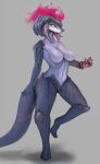  absurd_res anthro armor blue_body blue_eyes blue_skin breasts chiti_the_chiti closed_smile clothed clothing dragon female gauntlets gloves greaves hair handwear hi_res navel pauldron pink_eyeliner pink_hair scar scarred_tail solo topless white_body white_skin 