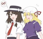  2girls :d ? black_skirt blouse blush breasts brown_eyes brown_hair closed_eyes collared_shirt commentary_request confused fedora frilled_shirt_collar frilled_sleeves frills hair_ribbon hat hat_ribbon maribel_hearn medium_hair mob_cap multiple_girls necktie open_mouth puffy_short_sleeves puffy_sleeves purple_shirt purple_skirt red_necktie red_ribbon ribbon sakic43899 shirt short_sleeves simple_background skirt small_breasts smile taboo_japan_disentanglement thinking touhou upper_body usami_renko white_background white_hat white_ribbon white_shirt 