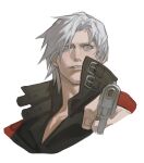  1boy abionicsheep bishounen blue_eyes coat dante_(devil_may_cry) devil_may_cry_(series) devil_may_cry_2 gun highres holding holding_gun holding_weapon male_focus parted_lips pointing_gun pointing_weapon red_coat simple_background solo weapon white_hair 