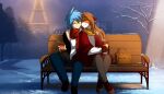  2021 7:4 anthro bench beverage blue_hair brown_hair canid canine clothed clothing coffee conditional_dnp container cuddling cup detailed_background digitigrade duo eiffel_tower eyes_closed eyewear female fox fur glasses hair hi_res holding_cup holding_object human keidran laura_(twokinds) male male/female mammal multicolored_body multicolored_fur on_bench orange_body orange_fur outside scarf sitting smile snow tom_fischbach trace_legacy twokinds webcomic white_body white_fur winter 
