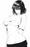  1girl absurdres arm_behind_back black_hair breasts fubuki_(one-punch_man) highres large_breasts looking_at_viewer midriff monochrome mostlybluewyatt navel one-punch_man shirt short_hair simple_background smile solo standing thighs underboob undressing upper_body white_background white_shirt 