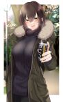  1girl absurdres black_hair black_pants black_sweater blurry blurry_background border can canned_coffee eyebrows_visible_through_hair fur-trimmed_jacket fur_trim green_eyes green_jacket hair_between_eyes highres holding holding_can jacket lantern looking_at_viewer onineko-chan open_clothes open_jacket open_mouth original outdoors outstretched_arm pants short_hair steam sweater turtleneck turtleneck_sweater visible_air white_border 