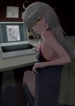  1girl absurdres ahoge bikini black_bikini breasts chair choker computer fate/grand_order fate_(series) hair_between_eyes highres jeanne_d&#039;arc_alter_(fate) jeanne_d&#039;arc_alter_(swimsuit_berserker)_(fate) laptop large_breasts long_hair looking_at_viewer looking_back solo swimsuit table very_long_hair white_hair yellow_eyes 