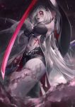  1girl acheron_(honkai:_star_rail) armpits belt black_belt black_shorts blood blood_from_eyes flower holding holding_sword holding_weapon honkai:_star_rail honkai_(series) kagi_(dicedkey) katana leg_tattoo navel parted_lips rain red_eyes red_flower red_lips shorts sword tattoo thighs weapon white_hair wide_sleeves 