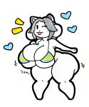 anthro beady_eyes big_breasts bikini black_eyes blue_bikini blue_clothing blue_swimwear blush blush_lines bottomless breasts canid cat_smile clothed clothing featureless_feet feet felid female grey_hair hair heart_symbol hi_res huge_breasts looking_at_viewer mammal mostly_nude mr_ctm one_eye_closed pattern_bikini pattern_clothing pattern_swimwear short_hair simple_background solo striped_bikini striped_clothing striped_swimwear stripes swimwear tem temmie_(undertale) thick_thighs undertale undertale_(series) white_background wide_hips wink winking_at_viewer yellow_bikini yellow_clothing yellow_swimwear