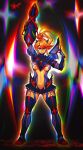  1girl absurdres arm_cannon armor armored_bodysuit aura black_background blonde_hair blue_eyes bodysuit boots breasts claws clothing_cutout crossover danderfull dated english_commentary facing_viewer full_body fusion glowing high_ponytail highres kill_la_kill life_fiber matoi_ryuuko messy_hair metroid mole mole_under_mouth multicolored_hair navel navel_cutout pauldrons ponytail rainbow_aura rainbow_background red_streaks revealing_clothes samus_aran senketsu sharp_teeth short_ponytail shoulder_armor sidelocks signature single_pauldron smirk solo streaked_hair teeth thigh_boots thighhighs underboob underboob_cutout weapon zero_suit zettai_ryouiki 