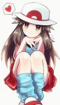  1girl blue_legwear blue_shirt brown_eyes brown_hair bucket_hat closed_mouth hair_flaps hat heart highres knees leaf_(pokemon) legs_together long_hair loose_socks own_hands_together pleated_skirt pokemon pokemon_(game) pokemon_frlg red_skirt shirt shoes skirt sleeveless sleeveless_shirt smile solo spoken_heart symbol-only_commentary tonayon twitter_username white_footwear white_headwear 