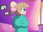  &lt;3 animated big_breasts blue_eyes breast_squish breasts brown_body chubby_female clothing detailed_background female kayla_(lechugansfw) lechugansfw looking_at_viewer mammal mature_female mother mouse murid murine parent rodent shy slightly_chubby solo squish undressing 