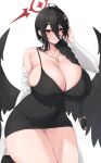  1girl alternate_costume alternate_hairstyle bare_legs black_hair black_wings blue_archive blush braid breasts cleavage collarbone commentary_request covered_navel curvy feathered_wings hair_between_eyes halo hasumi_(blue_archive) highres huge_breasts kuavera long_hair looking_at_viewer mole mole_under_eye panties panty_peek parted_lips red_eyes solo thick_thighs thighs underwear very_long_hair wide_hips wings 