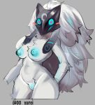 00_yurei anthro barely_visible_genitalia barely_visible_pussy big_breasts black_ears black_mask blue_markings blue_nipples blue_pussy blue_sclera blush bovid breasts caprine female floppy_ears fur genitals grey_background hair heart_eyes heart_symbol hi_res kindred_(lol) lamb_(lol) league_of_legends long_hair looking_at_viewer mammal markings mask nipples pussy riot_games sheep signature simple_background standing white_body white_fur white_hair