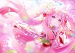  1girl absurdres ava_illust blurry blurry_foreground cherry_blossoms cherry_hair_ornament closed_mouth cloud cloudy_sky day floating_hair floral_print flower food-themed_hair_ornament hair_between_eyes hair_flower hair_ornament hatsune_miku highres japanese_clothes kimono lens_flare long_hair long_sleeves looking_at_viewer nail_polish obi outdoors pink_eyes pink_hair pink_kimono pink_nails pink_theme sakura_miku sash sidelocks sky smile solo sunlight very_long_hair vocaloid wide_sleeves 