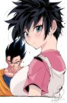  1boy 1girl black_hair blue_eyes breasts closed_mouth dragon_ball dragon_ball_z highres kinakomochi_(user_vedc2333) large_breasts looking_at_viewer muscular muscular_male short_hair simple_background son_gohan spiked_hair videl white_background 