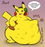 abdominal_bulge absurd_res anthro axew belly bunearyk chubby_cheeks colored electronics english_text fattychu feral fur generation_1_pokemon generation_5_pokemon group hands_on_hips headgear headphones headset hi_res male nintendo obese obese_anthro obese_male overweight overweight_anthro overweight_male pikachu pokemon pokemon_(species) predator/prey rumbling_stomach smug smug_face text trio vore yellow_body yellow_fur zorua
