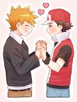  2boys belt belt_buckle blonde_hair blue_oak blush brown_hair buckle closed_eyes closed_mouth commentary_request grin hands_up heart highres holding_hands jacket long_sleeves looking_at_another male_focus mochi_(mocchi_p_2m) multiple_boys pants pokemon pokemon_hgss red_(pokemon) red_hat red_vest shirt short_hair short_sleeves smile spiked_hair teeth vest wristband 