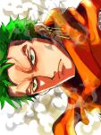  1boy a00xm alternate_costume closed_mouth commentary_request earrings green_eyes green_hair highres jewelry male_focus one_piece orange_scarf roronoa_zoro scarf short_hair single_earring solo 