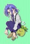  1boy brown_footwear green_eyes highres james_(pokemon) macchiromomomo male_focus naranja_academy_school_uniform necktie pokemon pokemon_(anime) pokemon_(creature) pokemon_sv purple_hair school_uniform sleeping sleepy smoliv squatting 