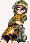  1girl belt bike_shorts blue_eyes chrono_trigger closed_mouth glasses helmet highres looking_at_viewer lucca_ashtear mazu_(mz43033458) purple_hair scarf short_hair simple_background smile solo white_background 