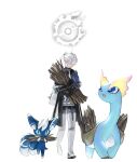  1boy alphinaud_leveilleur amaura antenna_hair black_gloves blue_coat blue_eyes boots carrying coat collared_coat covered_eyes crossover elbow_gloves elezen elf final_fantasy final_fantasy_xiv firewood full_body gloves hair_over_eyes highres long_hair male_focus meowstic meowstic_(male) open_mouth pointy_ears pokemon pokemon_(creature) ponytail potion_lilac simple_background thigh_boots walking white_background white_footwear white_hair 