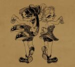  2girls ankle_boots backless_outfit bike_shorts black_hair blush boots bow brown_background callie_(splatoon) cousins detached_collar dress earrings eyelashes from_behind gloves hair_bow inkling jewelry marie_(splatoon) multiple_girls nicoharico pointy_ears romper sepia_background short_dress splatoon_(series) splatoon_1 tentacle_hair 