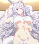  1girl alternate_costume animal_ear_fluff animal_ears arbiter1 azur_lane breasts covered_nipples crop_top crop_top_overhang fox_ears fox_girl fox_tail futon hand_on_own_stomach hand_up highres large_breasts long_hair looking_at_viewer lying midriff navel no_bra on_back panties panty_pull pillow shinano_(azur_lane) shirt tail tatami underboob underwear white_hair white_panties white_shirt white_tail 