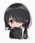  1girl black_hair black_ribbon blush chibi date_a_live goth_fashion hair_between_eyes hair_over_one_eye highres interlocked_mars_and_venus_symbols looking_at_viewer low_twintails mars_symbol one_eye_closed red_eyes ribbon solo speech_bubble sweat tokisaki_kurumi twintails venus_symbol yangfan 