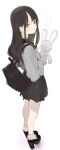  ... 1girl ama_mitsuki backpack bag black_footwear black_skirt blush brown_eyes brown_hair closed_mouth frilled_socks frills from_above from_behind grey_shirt grey_socks high_heels highres holding holding_stuffed_toy long_hair long_sleeves looking_at_viewer looking_back looking_up original pleated_skirt shirt skirt sleeves_past_wrists socks solo speech_bubble spoken_ellipsis standing stuffed_animal stuffed_rabbit stuffed_toy wavy_hair 