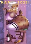  anthro big_breasts breasts chair clothed clothing eyewear ezukapizumu female furniture glasses hi_res huge_breasts hyaenid mammal mature_female nipple_outline silver_(ezukapizumu) sitting solo thick_thighs 