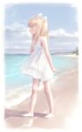  1girl absurdres ahoge arm_at_side bare_arms bare_shoulders barefoot beach bingwei_huang blonde_hair blue_eyes blue_sky bow bow_hairband choker cloud cloudy_sky day dress feet flat_chest hairband hand_on_own_chest highres long_hair looking_ahead ocean original outdoors pointy_ears profile shore sky sleeveless sleeveless_dress solo standing sundress toes water white_bow white_choker white_dress white_hairband 