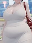  1girl 3d bag belly breasts brown_hair cleavage covered_navel curvy dongtan_dress dress fugtrup handbag large_breasts mei_(overwatch) meme_attire overwatch plump short_hair swept_bangs white_dress wide_hips 