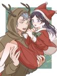  1boy 1girl animal_costume black_hair blue_eyes bow capelet carrying dress eye_contact fake_antlers grey_hair hat hetero highres holding holding_sack hood hood_up long_hair looking_at_another miyao_nemu princess_carry red_dress reindeer_costume sack santa_hat standing witch_watch wolf_(witch_watch) yoshitaka_(palooo) 