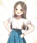  1girl blue_skirt blush brown_eyes buttons commentary_request emphasis_lines flat_chest floral_print forehead gakuen_idolmaster hair_ornament hands_on_own_hips idolmaster kuramoto_china leaf_hair_ornament light_brown_hair long_hair looking_at_viewer mmmakaron888 open_mouth parted_bangs print_skirt shirt short_sleeves skirt smile smug solo teeth upper_teeth_only v-shaped_eyebrows watch white_background white_shirt wristwatch 