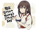  1girl 2022 akagi_(kancolle) bowl brown_eyes brown_hair chopsticks commentary_request eating food food_on_face happy_new_year holding holding_bowl kantai_collection long_hair looking_at_viewer muneate new_year rice solo straight_hair takamachiya tasuki upper_body white_background 