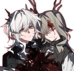  2girls alina_(arknights) animal_ears antlers arknights black_dress black_jacket black_ribbon blood blood_on_clothes blood_on_face blood_on_hands brown_hair chinese_commentary closed_eyes closed_mouth commentary_request deer_antlers deer_ears dress grey_eyes grey_hair horns jacket long_hair molu_stranger multiple_girls neck_ribbon outline parted_lips red_outline ribbon talulah_(arknights) 