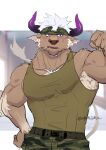  078-kun 1boy absurdres animal_ears armpits bara blush brown_fur camouflage camouflage_pants chest_hair cow_ears cow_horns cowboy_shot facial_hair furry furry_male goatee green_tank_top highres horns large_pectorals male_focus mature_male minotaur mint muscular muscular_male pants pectorals purple_eyes purple_horns shennong_(housamo) short_hair sideburns sidepec solo tank_top tokyo_afterschool_summoners white_hair 